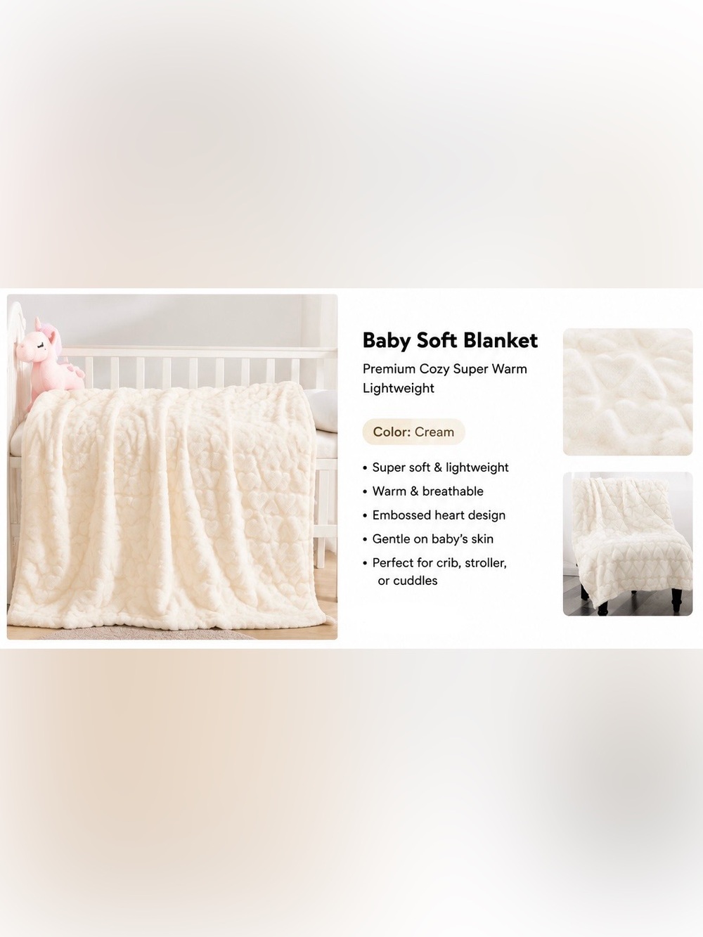 Cream Baby Soft Blanket - Cozy Embossed Heart Crib Throw 40”x50”